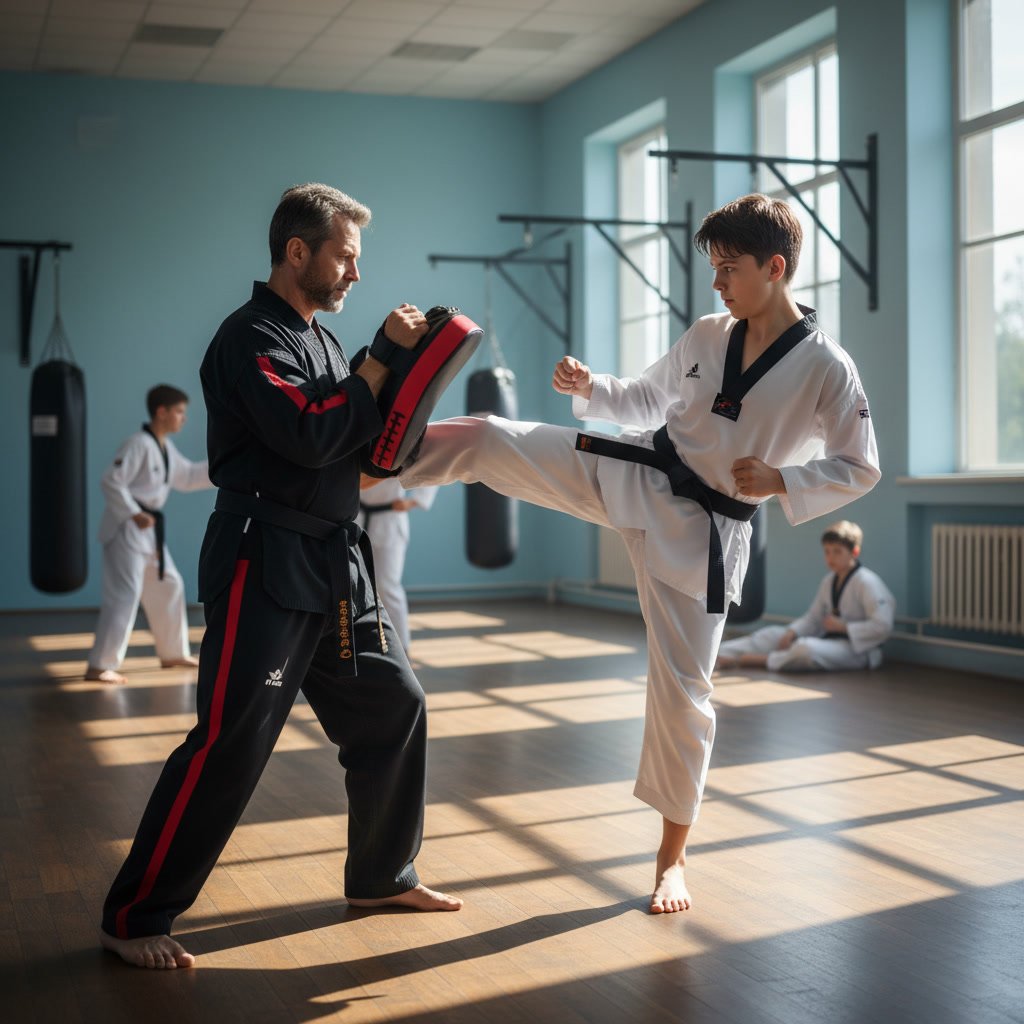 Taekwondo student practicing kick with instructor in Lakeland martial arts class