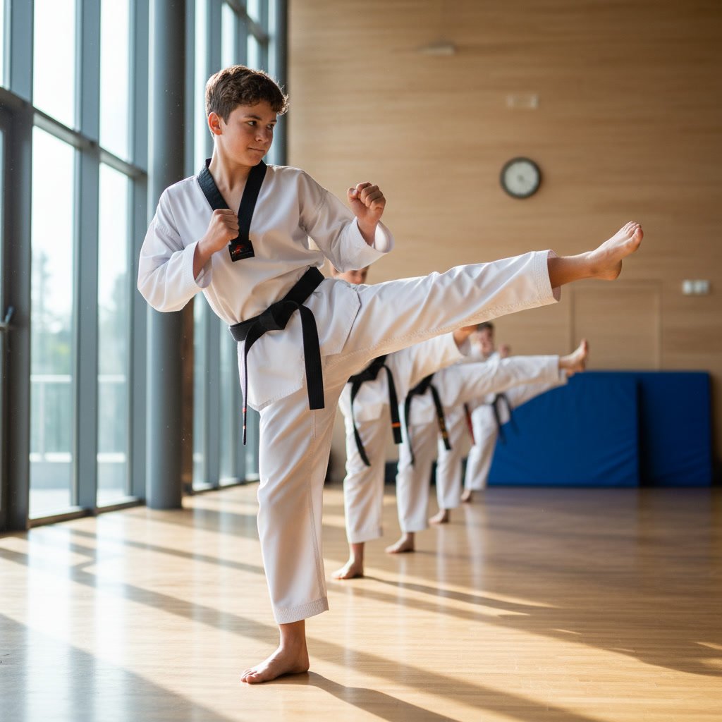 Teen student practicing taekwondo kick in Auburndale martial arts class