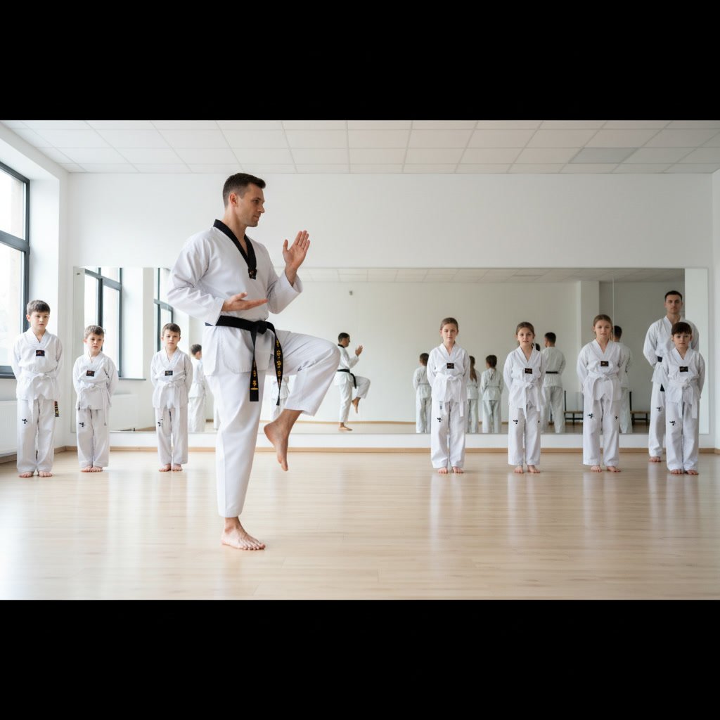 Taekwondo instructor teaching self-defense kick technique to adults and children in Haines City