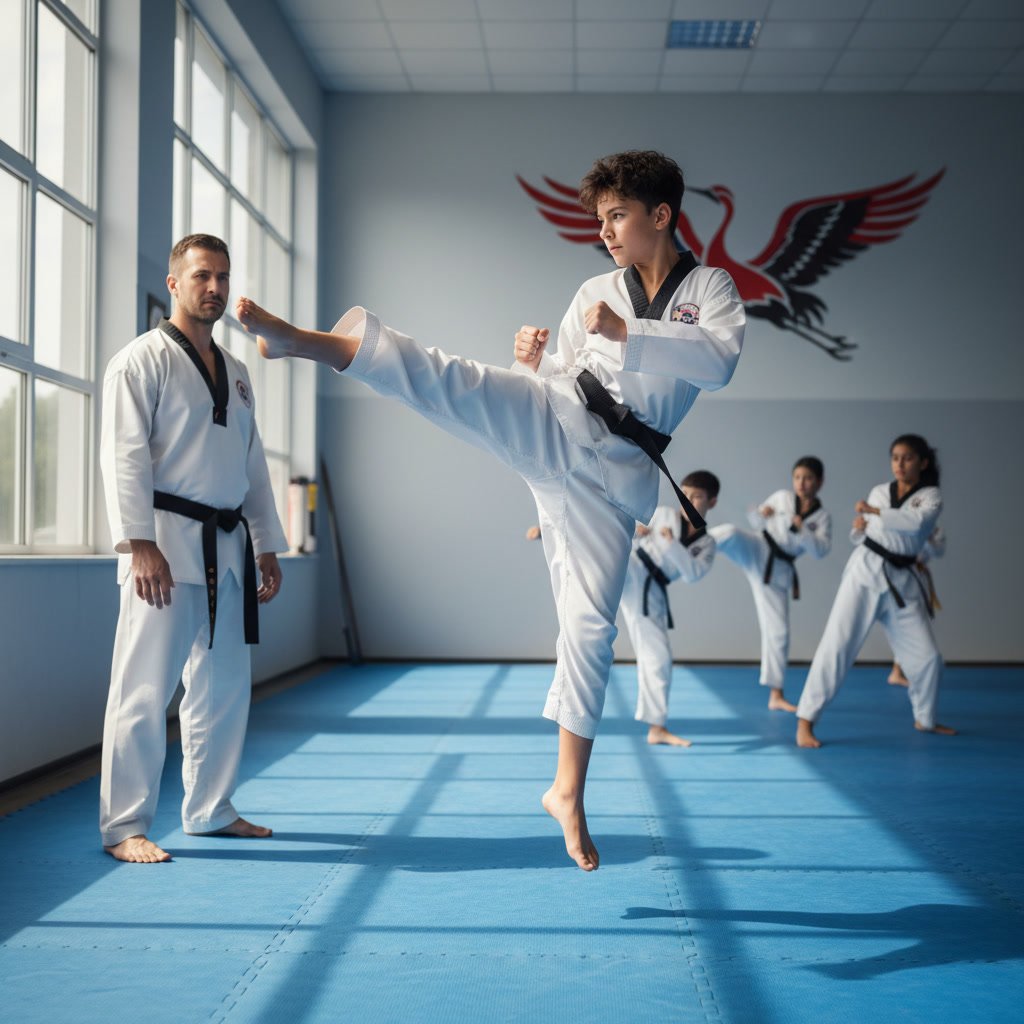Teen practicing front kick during Taekwondo class in Bartow martial arts studio