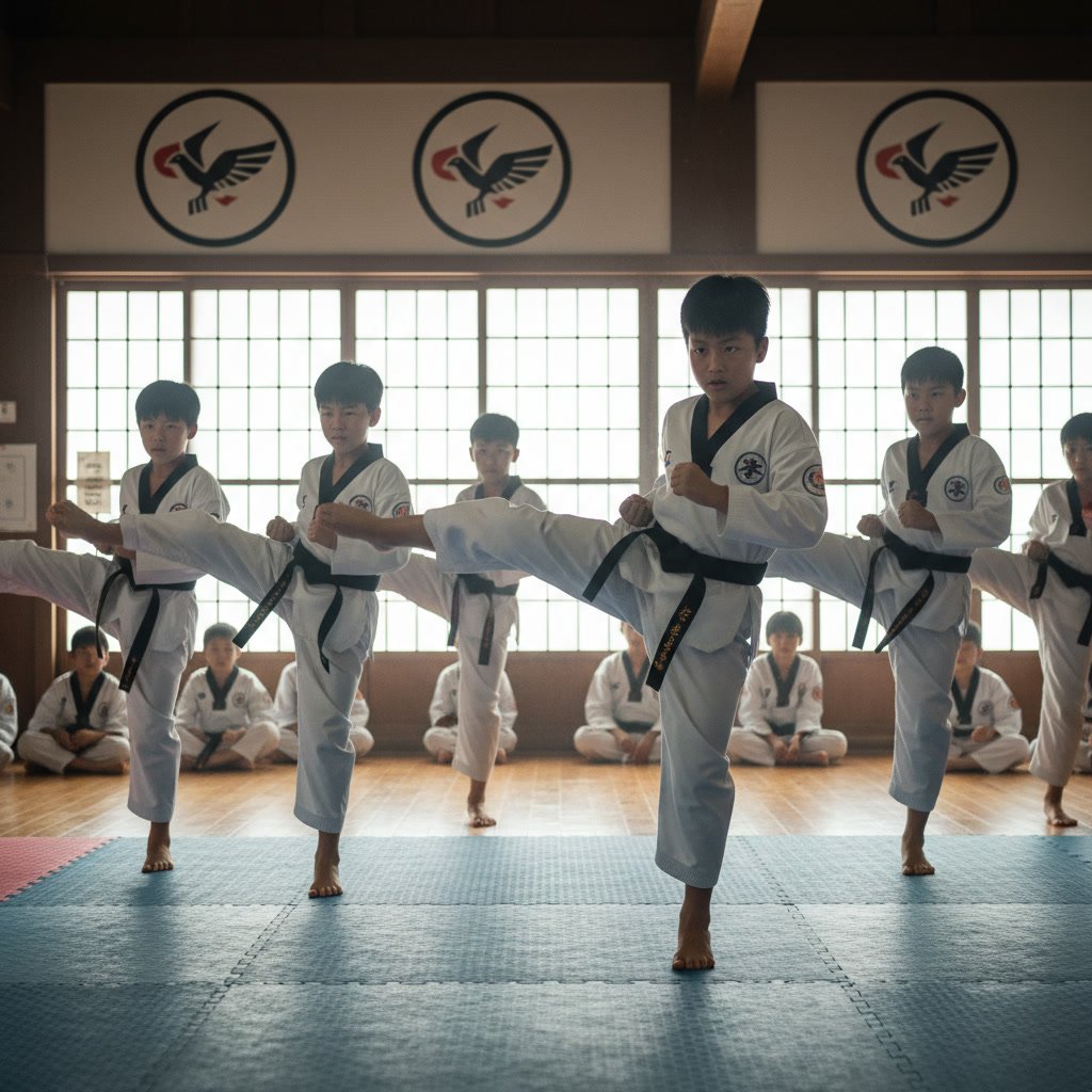 Students practicing taekwondo kicks in Davenport martial arts class
