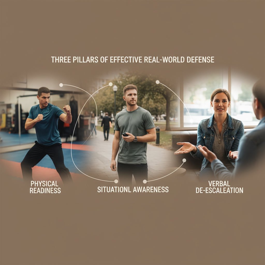 Student practicing awareness and defensive stance techniques in self defense training
