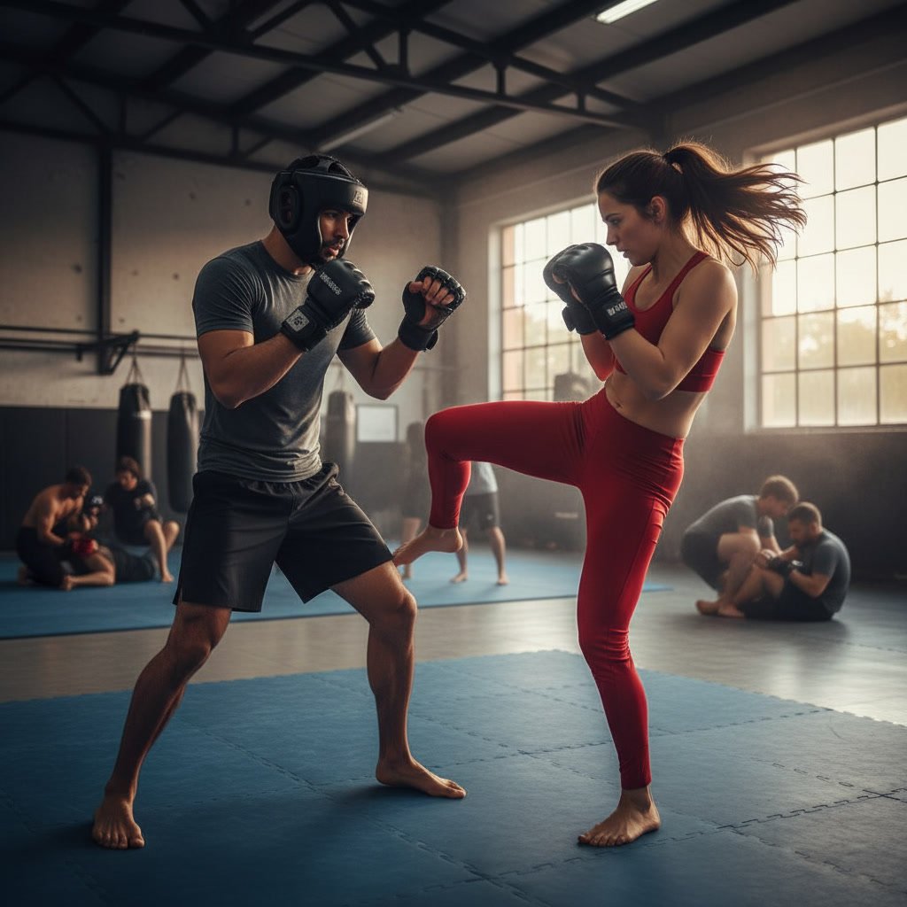 Kickboxing training session with focus mitts and partner drills