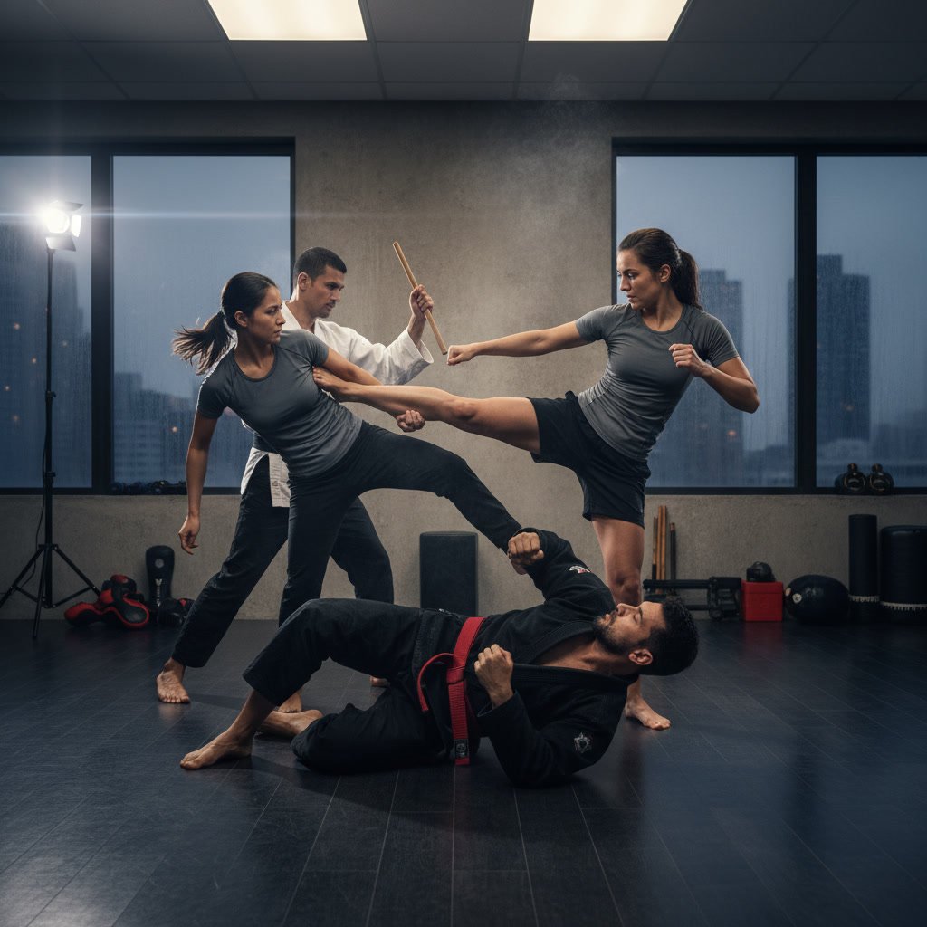 Students practicing integrated self defense techniques in a professional training facility