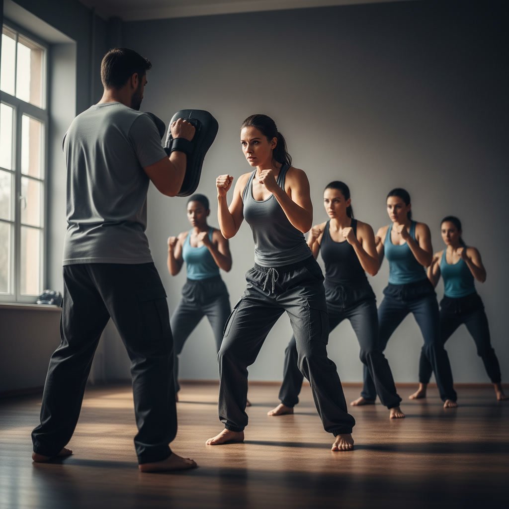 Instructor demonstrating proper defensive stance to beginner self defense students