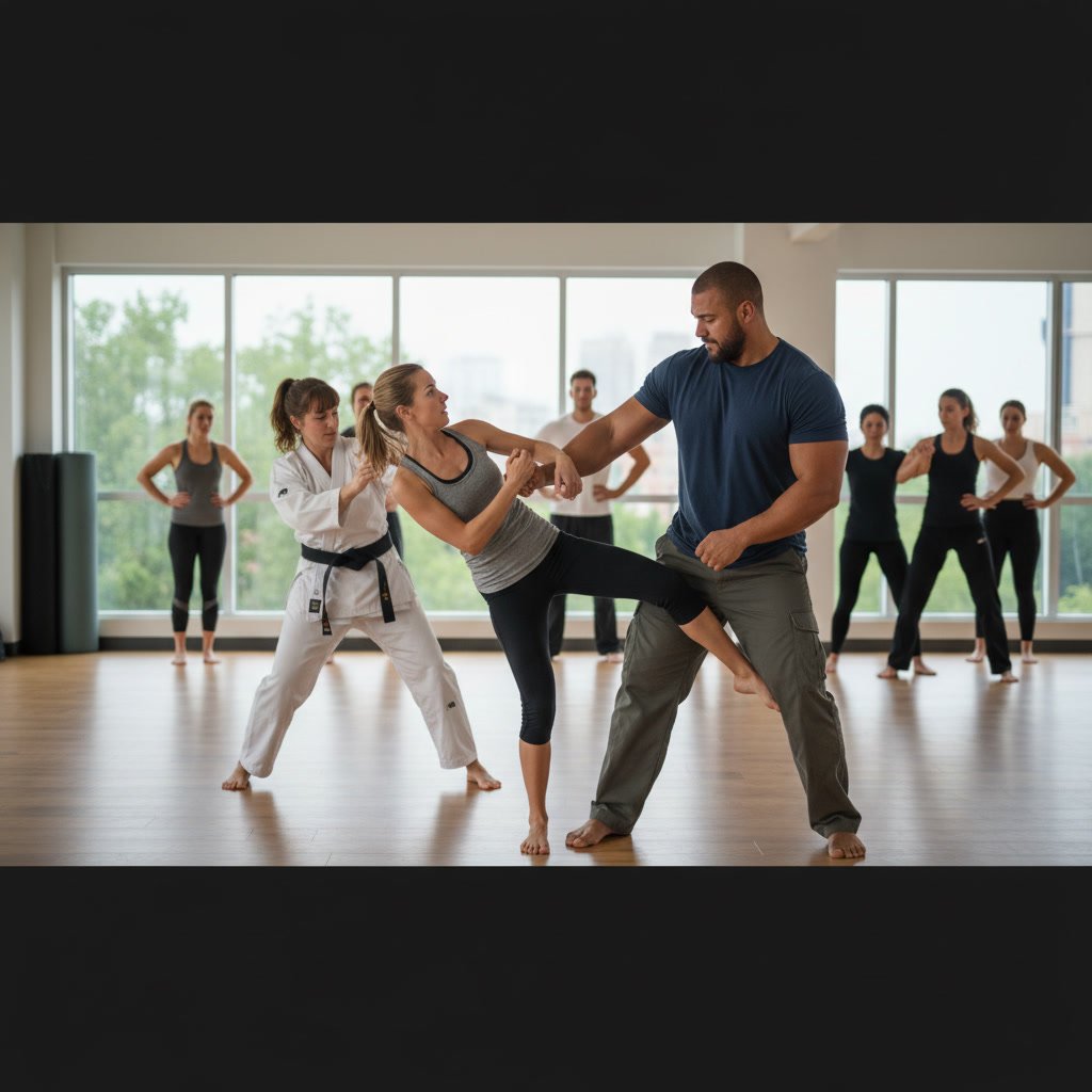 Women's self-defense class practicing escape techniques adapted for different abilities