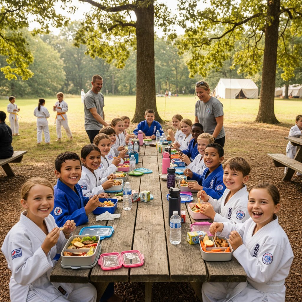 Young martial arts students enjoying healthy lunch together at summer camp