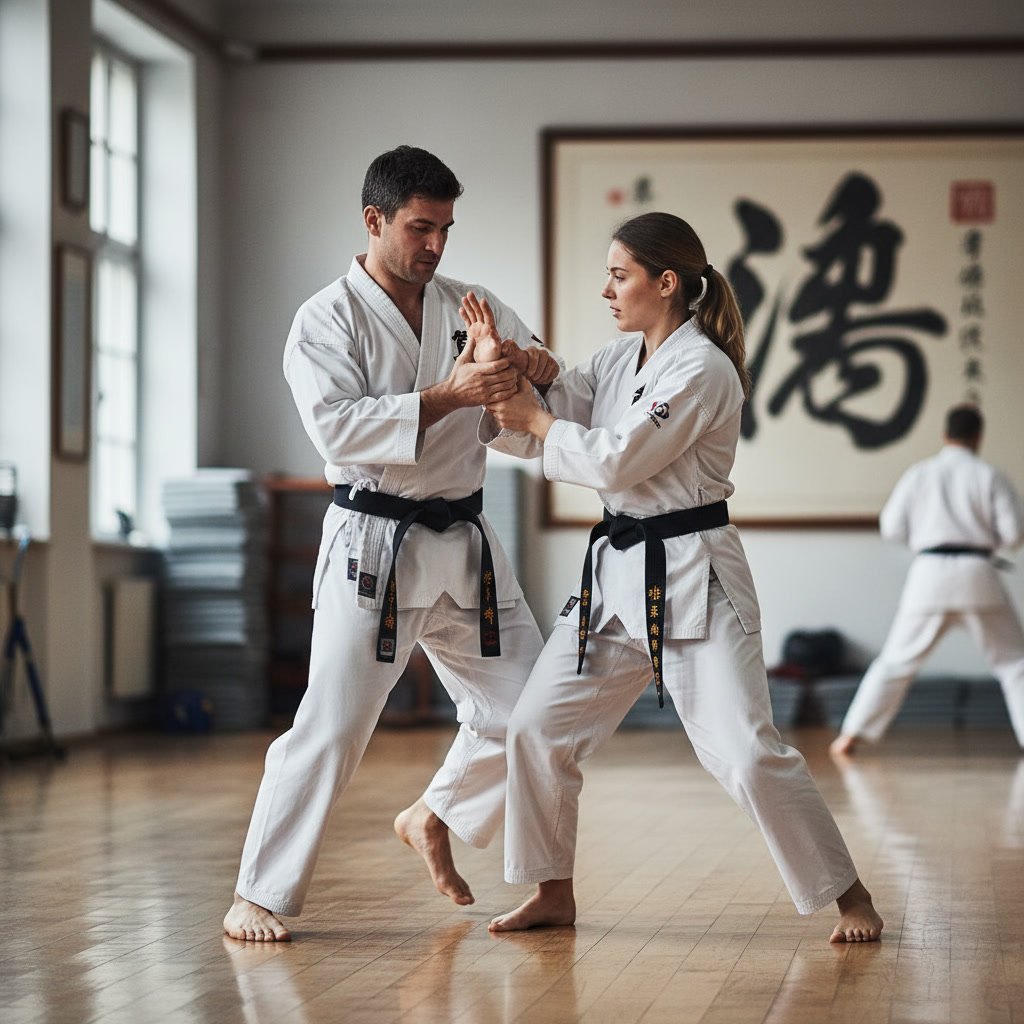 Martial artist transitioning from blocking technique to wrist lock control