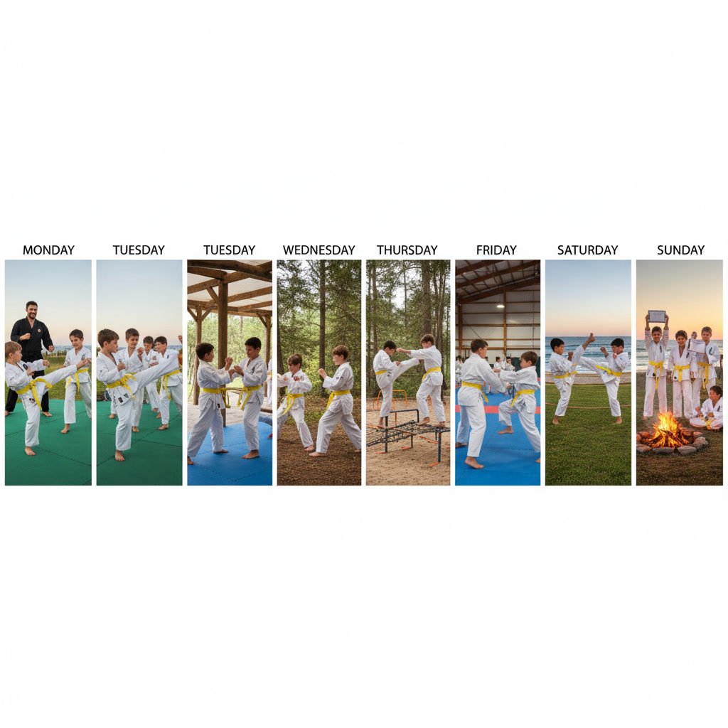 Weekly progression chart showing martial arts skill development at summer camp