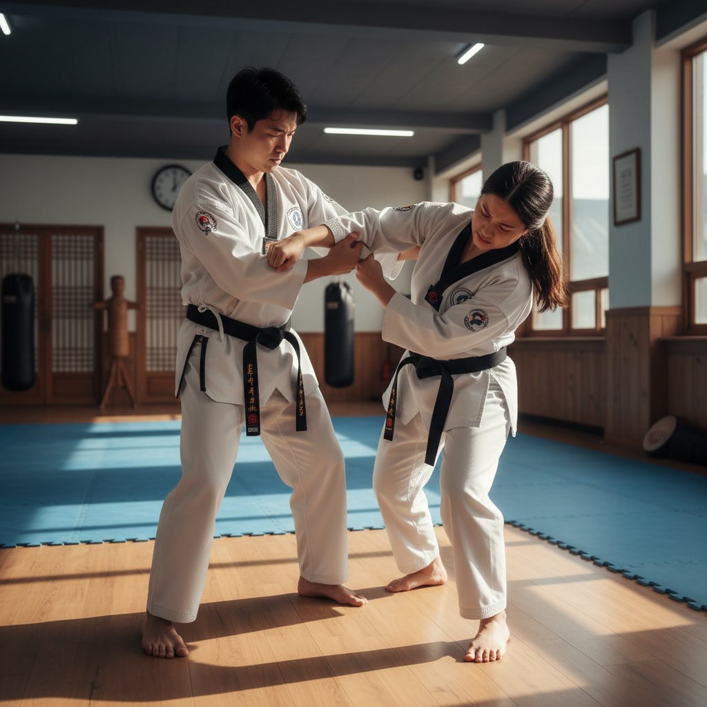 Instructor teaching combined striking and grappling techniques to martial arts class