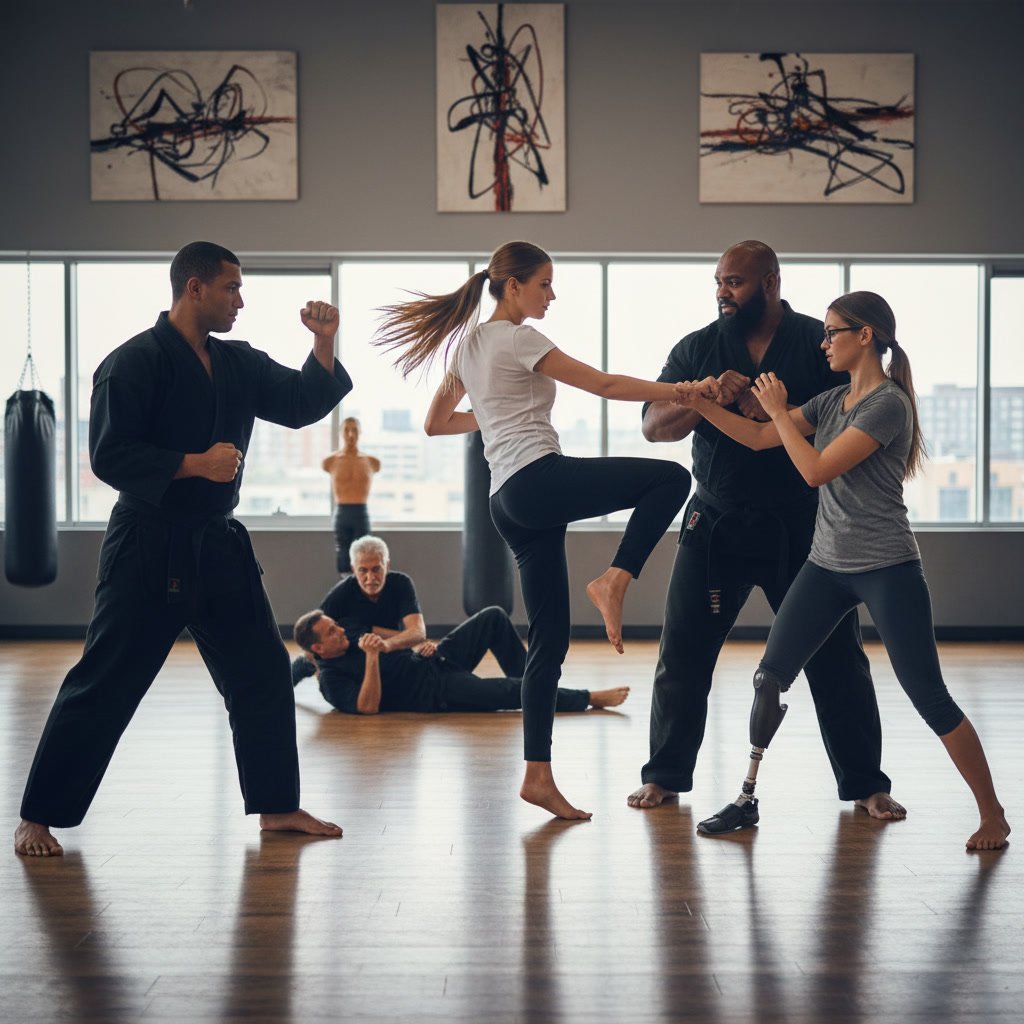 Self-defense instructor demonstrating technique variations for different body types and abilities
