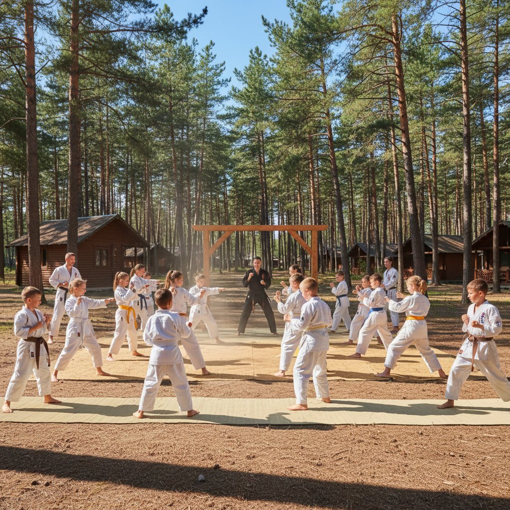 Children practicing martial arts techniques during summer camp program