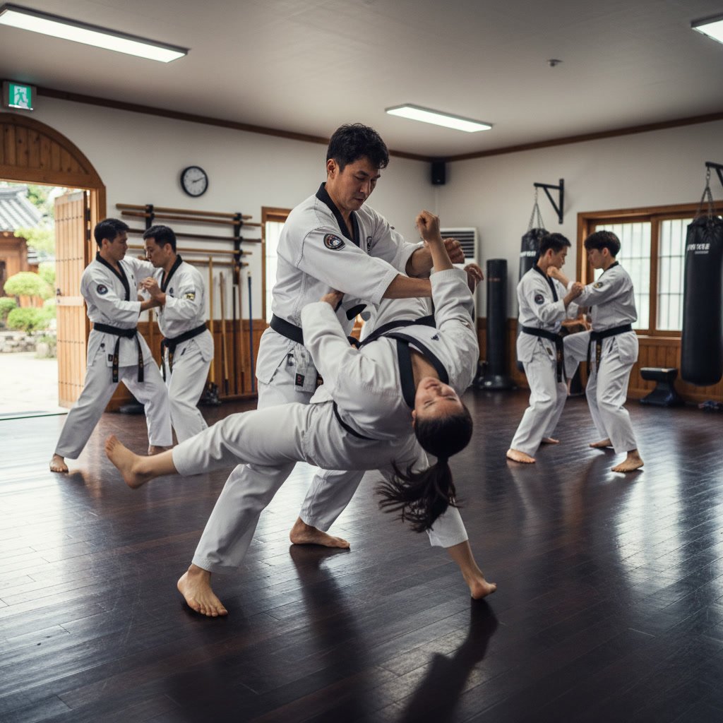 Hapkido instructor demonstrating joint lock technique with striking martial arts student